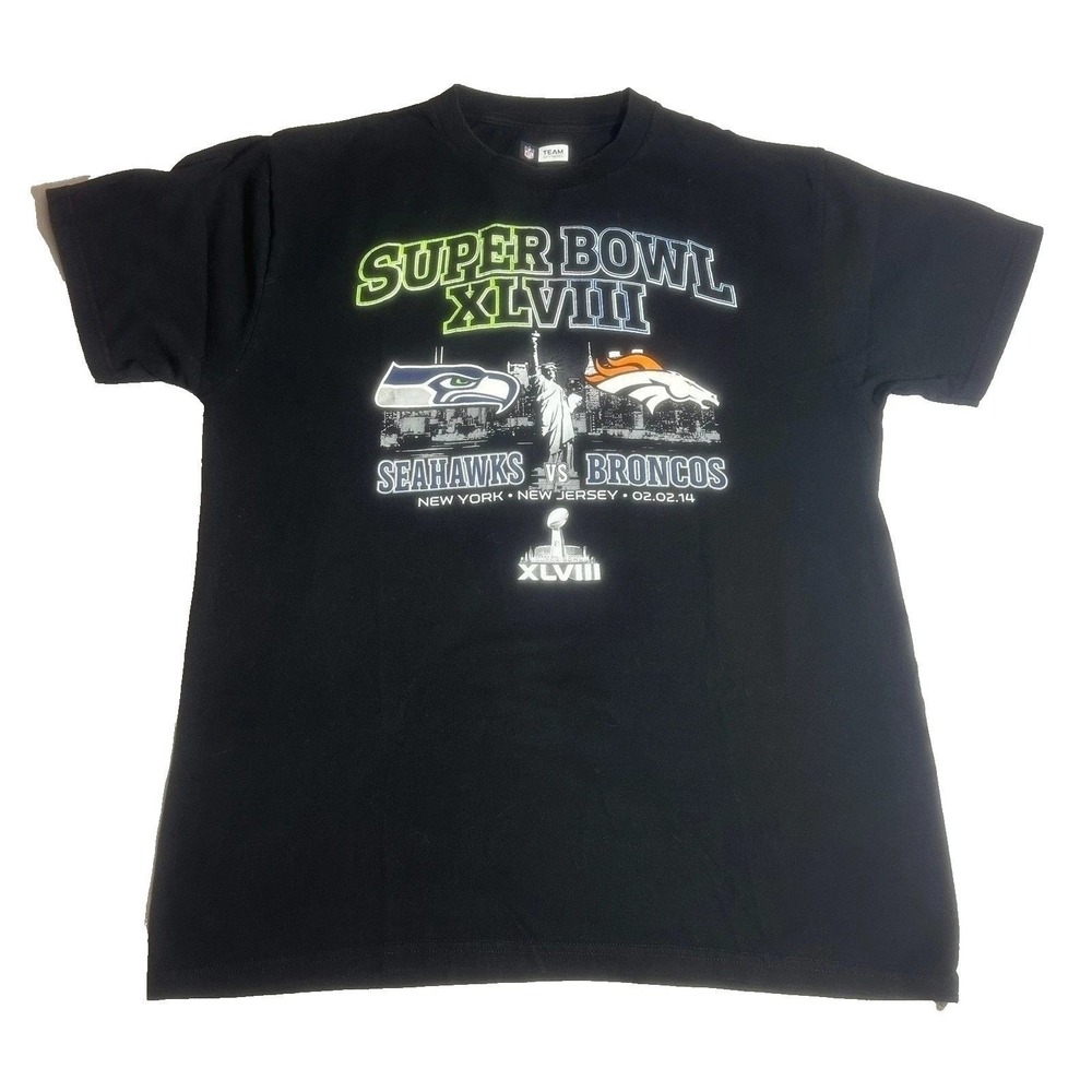 NFL Mens L Super Bowl XLVIII Seahawks Broncos Graphic‎ Tee Black Football Fan